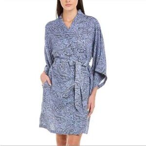 Calme by Johnny Was Kimono Robe NWT Blue Cotton Wrap Boho Lounge Size L Pockets